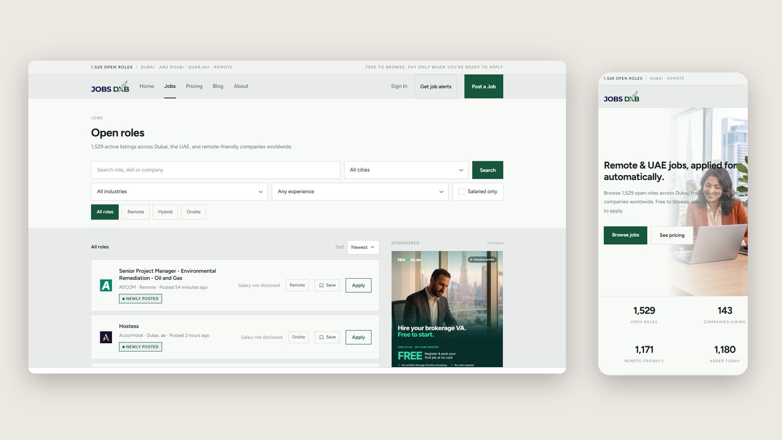 JobsDXB job board on desktop and mobile