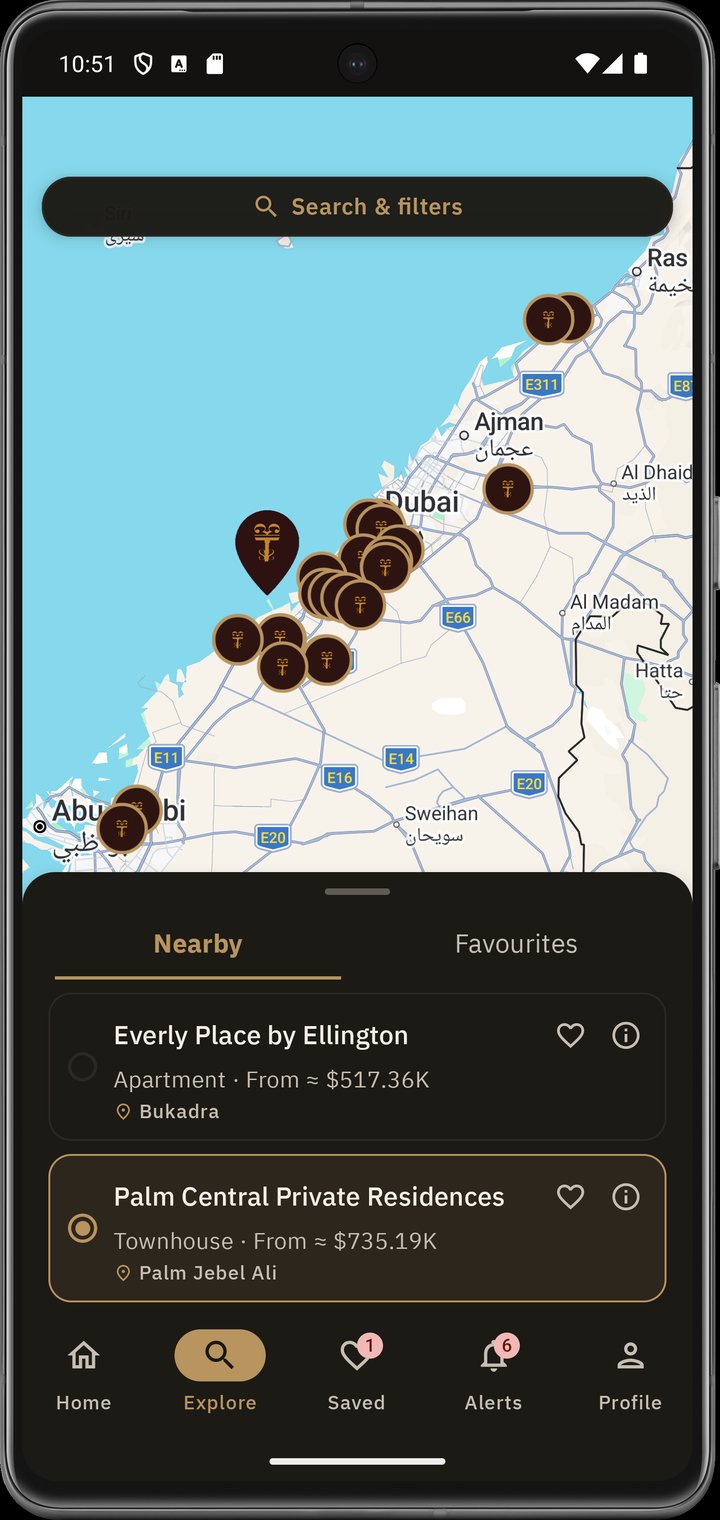 Live map with 26 project pins across UAE